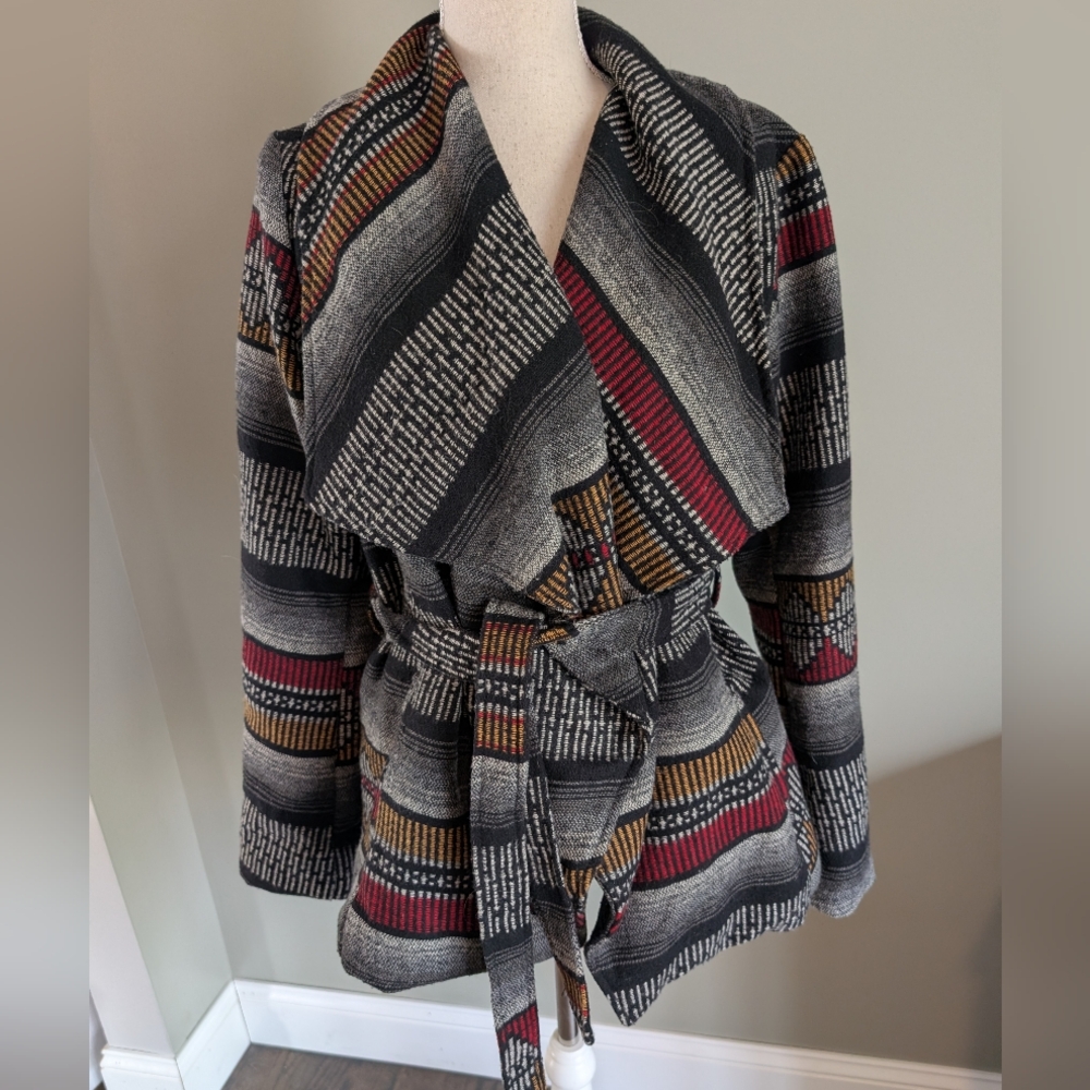 Daytrip Striped Open-Front Belted Cardigan Atzec Stripe Pattern Size Large